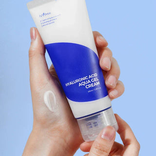 ISNTREE Hyaluronic Acid Aqua Gel Cream 100mL, moisturizing gel cream with hyaluronic acid in a clear jar showing the product.