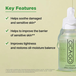ISOI Cicago Cica Double Effect Ampoule 30mL bottle with clear glass container and white dropper cap, showcasing the skincare product.