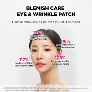 ISOI Blemish Care Eye & Wrinkle Patch applied around the eye area, showcasing clear, thin patches on skin for skincare.