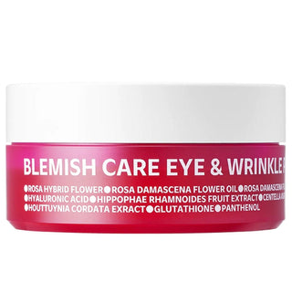 ISOI Blemish Care Eye & Wrinkle Patch shown on a woman's under-eye area, designed to reduce puffiness and fine lines.