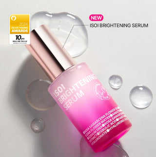 ISOI Brightening Serum 35mL bottle with clear dropper, featuring sleek design and product label, on a neutral background.