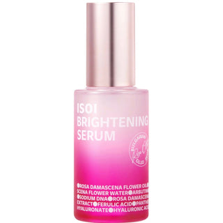 ISOI Brightening Serum 35mL bottle with pump dispenser, clear glass packaging, and white label showing product details.