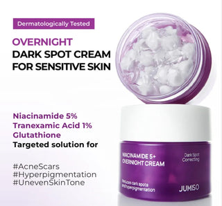 JUMISO Niacinamide 5+ Overnight Cream in a 50ml jar, creamy skincare product for brightening and skin renewal.