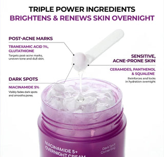 JUMISO Niacinamide 5+ Overnight Cream in a 50ml jar, creamy texture with a white lid and product label visible.