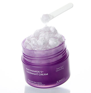 JUMISO Niacinamide 5+ Overnight Cream jar showing the white cream inside and the product label on the packaging.
