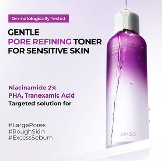 JUMISO Niacinamide 2+ Pore Smoothing Toner 205ml in a clear bottle showing the product label and liquid inside.