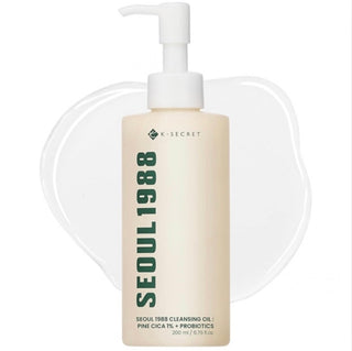 KSECRET Seoul 1988 Cleansing Oil with Pine Cica 1% and Probiotics, 200mL, in a clear bottle showing the product label