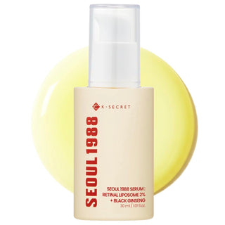 KSECRET Seoul 1988 Serum with Retinal Liposome 2% and Black Ginseng, 30mL bottle, close-up of the serum bottle and label.
