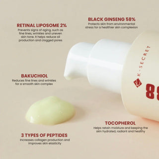 KSECRET Seoul 1988 Serum with retinal liposome 2% and black ginseng, in a 30mL bottle, for nourishing skincare.