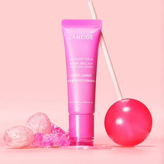 Laneige Lip Glowy Balm in various shades, featuring smooth, hydrating lip balm textures with a subtle glossy finish.