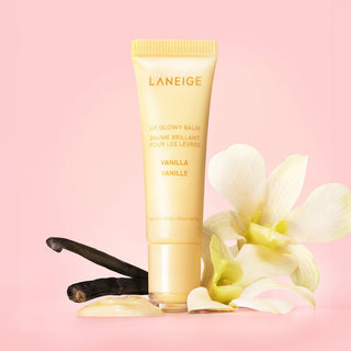Laneige Lip Glowy Balm in vanilla flavor showing the sleek tube and vanilla-scented balm inside.