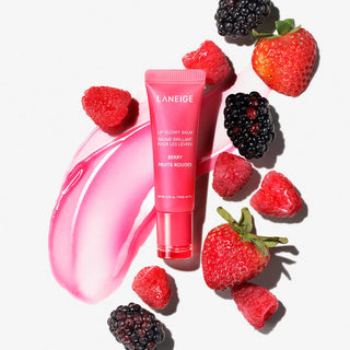 Laneige Lip Glowy Balm in berry flavor, showing the sleek packaging and tinted balm inside for soft, hydrated lips.