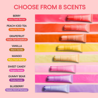 Laneige Lip Glowy Balm in various shades showing smooth, shiny texture and colorful packaging.