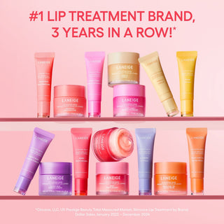 Laneige Lip Glowy Balm in packaging, featuring five different types of hydrating lip balms with colorful labels.