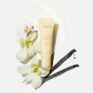 Laneige Lip Glowy Balm tube, featuring a sleek design with the product name and color, showcasing its moisturizing lip balm formula.