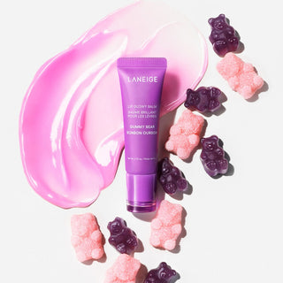 Laneige Lip Glowy Balm with six different types, showing the colorful packaging and smooth texture of this hydrating lip balm.