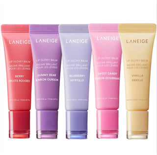 Laneige Lip Glowy Balm in various shades, featuring smooth, glossy texture and hydrating formula in a sleek tube.