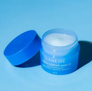 Laneige Water Sleeping Mask EX sample in 15ml jar, hydrating moisturizer with blue gel texture for overnight skin hydration.