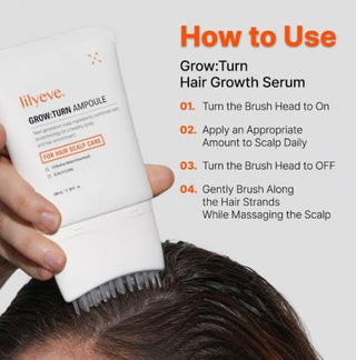 Lilyeve Grow Turn Exosome Brush Ampoule 30mL or 100mL, clear bottle with dropper, showcasing the ampoule's packaging and design.