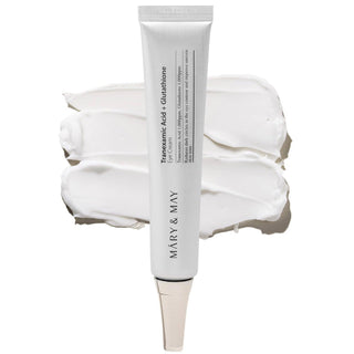 Mary&May Tranexamic Acid+ Glutathion Eye Cream in a sleek jar, showing the product label and smooth eye cream texture.