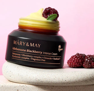 Mary&May Idebenone and Blackberry Moisturizer in a jar, showcasing the luxurious cream texture and packaging.