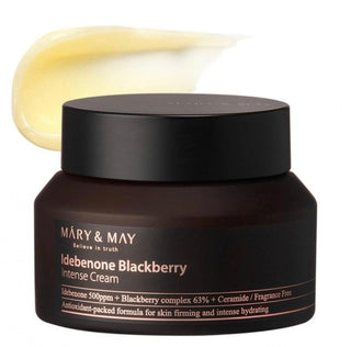Mary&May Idebenone and Blackberry Moisturizer in a jar, highlighting the rich cream texture and nourishing ingredients.