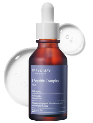 Mary&May 6 Peptide Complex Serum bottle, clear glass container with dropper cap, showcasing the serum's packaging and branding.