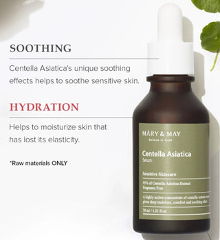 Mary&May Centella Asiatica Serum bottle with dropper, clear glass container showcasing the serum's natural ingredients.