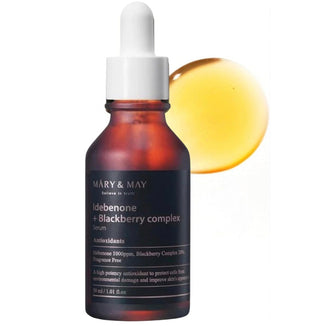 Mary&May Idebenone and Blackberry Complex Serum in a sleek glass bottle, showing the product label on a white background.