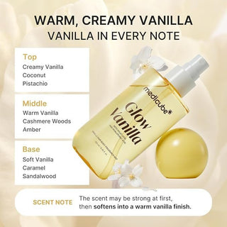 Medicube Vanilla Hair and Body Fragrance Mist 100mL with a sleek bottle and vanilla scent, ideal for refreshing hair and skin.