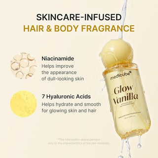 Medicube Vanilla Hair and Body Fragrance Mist 100mL with a sleek bottle, featuring a vanilla scent for hair and skin.