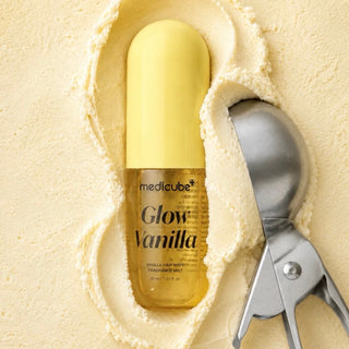 Medicube Vanilla Hair and Body Fragrance Mist bottle, 100mL, with a sleek design and vanilla scent for hair and skin.