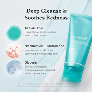 Medicube Azelaic Acid and Niacinamide Deep Clean Foam Cleanser in 120g tube, showing the white foam and clean packaging.