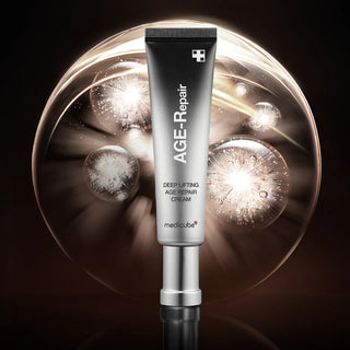 Medicube Deep Lifting Age Repair Cream in 30mL jar, showing the cream's smooth texture and sleek packaging.