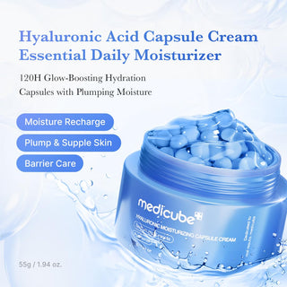 Medicure Hyaluronic Moisturizing Capsule Cream 50g jar showing the cream's smooth texture and packaging with the brand logo.