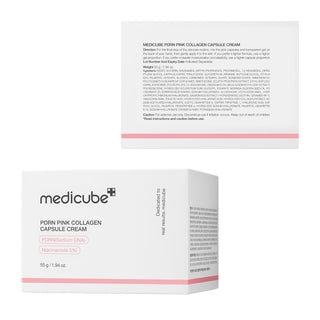 Medicube PDRN Pink Collagen Capsule Cream jar with pink lid and label, showcasing a 55g skincare cream container.