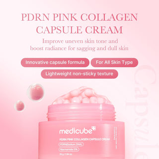 Medicube PDRN Pink Collagen Capsule Cream jar showcasing the 55g skincare cream with pink capsule design and smooth texture.