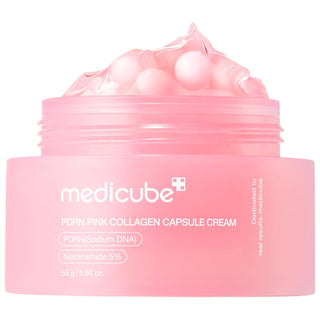 Medicube PDRN Pink Collagen Capsule Cream jar showing the pink packaging and 55g container for skincare and anti-aging.