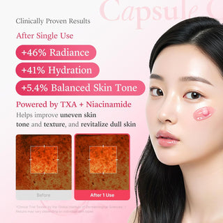 Medicube TXA Niacinamide Capsule Cream 55g jar with capsules and cream inside, showcasing the skincare product's packaging.