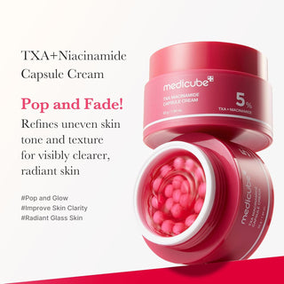 Medicube TXA Niacinamide Capsule Cream in 55g jar, showing the cream's smooth texture and capsule design on the packaging.