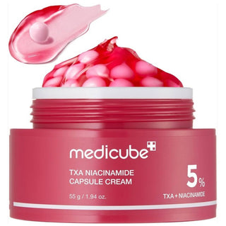 Medicube TXA Niacinamide Capsule Cream in a 55g jar, featuring a smooth, light cream texture for skincare.