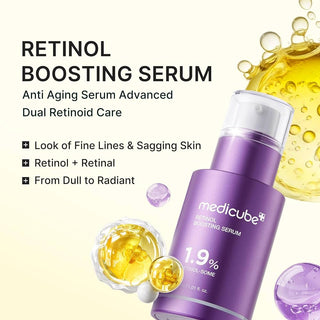 Medicube Retinol Boosting Serum 30mL bottle with dropper, clear liquid in a sleek dark glass container.