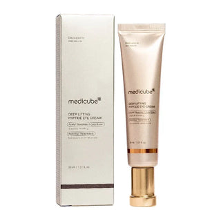 Medicalube Deep Lifting Peptide Eye Cream in 30mL jar, showing the cream's smooth texture and packaging.