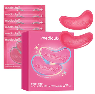 Medicube PDRN Pink Collagen Jelly Eye Mask pouch showing soft, pink eye mask sheets with collagen and PDRN ingredients.