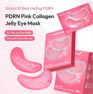 Medicube PDRN Pink Collagen Jelly Eye Mask in a pouch, showing the mask's pink gel texture and packaging.