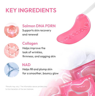 Medicube PDRN Pink Collagen Jelly Eye Mask in a pouch, showcasing a soothing pink jelly mask designed for under-eye care.