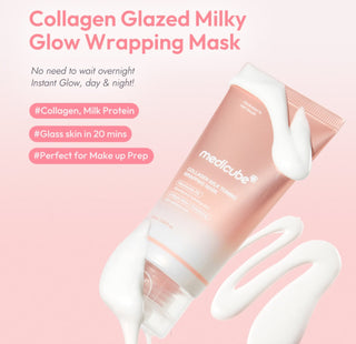 Medicube Collagen Milk Toning Wrapping Mask for face, showing the packaging and product in a skincare setting.