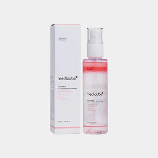 Medicube PDRN Pink Glutathione Serum Mist 100mL, facial mist with pink hue, featuring PDRN and glutathione for skin hydration and brightening.