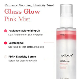 Medicube PDRN Pink Glutathione Serum Mist 100mL, a facial mist with pink formula, shown in a clear spray bottle with pink accents.