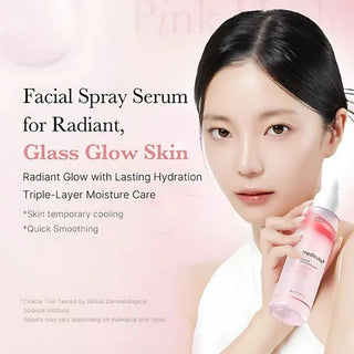 Medicube PDRN Pink Glutathione Serum Mist 100mL, a facial mist with pink packaging and a spray nozzle, designed for skin brightening and hydration.